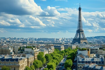 Obraz premium The iconic Eiffel Tower stands tall, dominating the city of Paris with its stunning architecture, Paris skyline with Eiffel Tower standing out in the distance, AI Generated