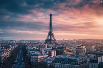 Obraz premium In this photo, the iconic Eiffel Tower stands tall and prominent, overshadowing the cityscape of Paris, Paris skyline with Eiffel Tower standing out in the distance, AI Generated