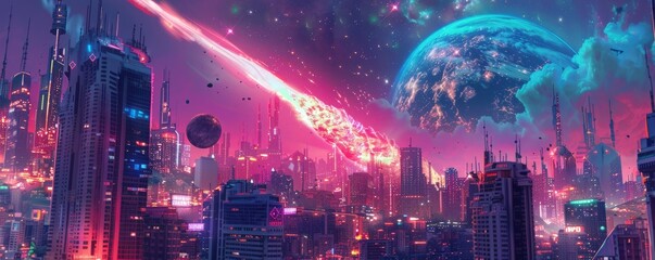Sci fi inspired cityscape with a futuristic meteor event blending urban life with cosmic phenomena - obrazy, fototapety, plakaty
