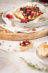 Baked or fried grilled Camembert or brie cheese with berry sauce or jam. Gourmet traditional Breakfast close up.