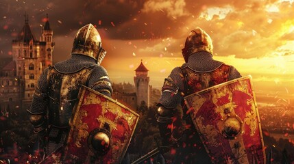 Sunset duel of armored knights vibrant colors reflecting off shields a castle backdrop - obrazy, fototapety, plakaty