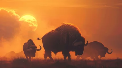 Zelfklevend Fotobehang Sundown silhouette of majestic megafauna gentle giants roaming ancient landscapes a scene from forgotten times © Thanaphon