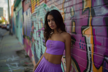Naklejka premium A contemplative woman in a strapless purple top and skirt leans against a graffiti-splashed wall, her gaze reflective amidst the urban art.