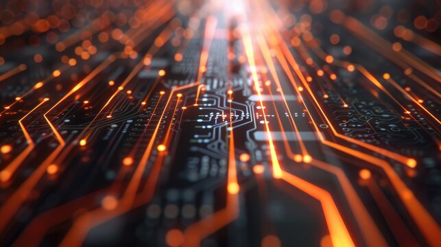 Visualization of digital data transfer technology background with light pulses racing across circuits