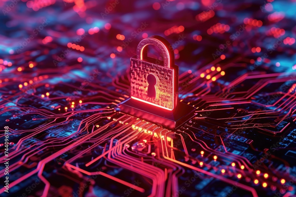 Poster a close-up photo capturing a padlock positioned on a computer circuit, symbolizing digital security,