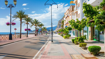 Obraz premium Palm Trees Along the road on the coastline in sunshine