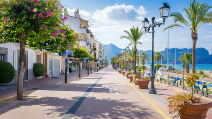 Fototapeta premium Palm Trees Along the road on the coastline in sunshine