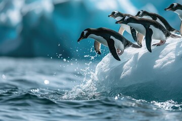A thrilling moment captured as a group of penguins jumps energetically out of the water, Penguins on an iceberg, diving into the water to catch fish, AI Generated