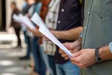 A group of men standing next to each other, holding papers, engaged in a meeting, People in a long queue holding tax documents during tax season, AI Generated