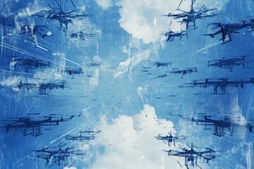 An artwork capturing a sky overflowing with multiple planes in motion, Blueprint of an intricate drones filling the sky, AI Generated