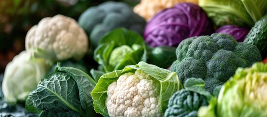 A variety of different colored cauliflower heads, including broccoli cauliflower and assorted cabbages, arranged together in a visually striking bunch. - obrazy, fototapety, plakaty