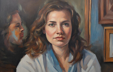 portrait of a painting woman with the painting in the background