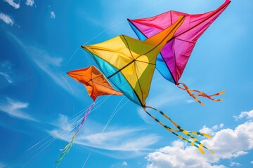 Two vibrant kites soar gracefully through the clear blue sky, Bright colored kites soaring against a vivid blue summer sky, AI Generated