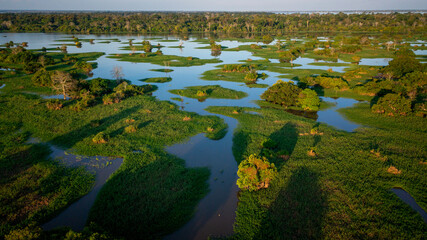 A beautiful aerial view at sunset of a flooded area (igapó) during the flooding of the Negro River in the Brazilian Amazon, in the Xiborena community, near the city of Manaus (AM).