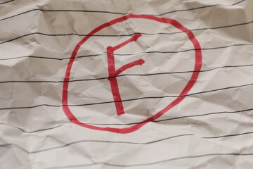 School grade. Red letter F on notebook paper, top view