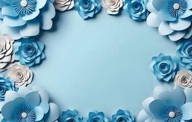 Blank flower frame For Text and Photo with Flower Surrounding, A close up of a bunch of paper flowers on a blue background