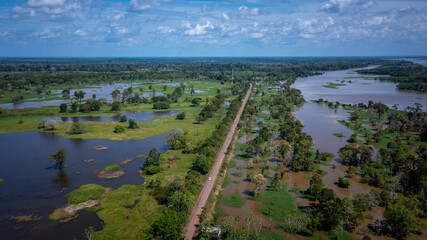 Aerial view of the BR 319 highway linking Manaus and Porto Velho in the Brazilian Amazon. The...