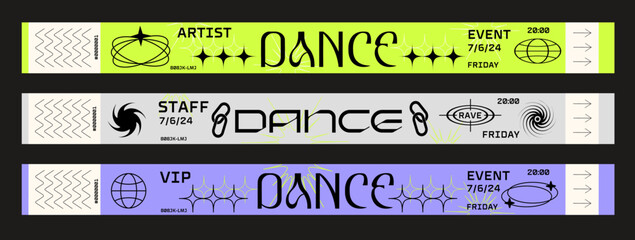 Set of control ticket bracelets for parties, raves, techno, events, festivals, open-air, disco, staff, artist, VIP. Collection of vector festival paper bracelet in a bold, futuristic, industrial style - obrazy, fototapety, plakaty