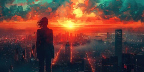 As the fiery sun sets behind the towering skyscrapers, a lone woman stands in front of the bustling city, her silhouette framed by the billowing clouds, a sense of determination and strength radiatin