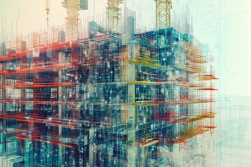 A Large Building With Red and Yellow Scaffolding, Building construction process represented through innovative data visualization, AI Generated