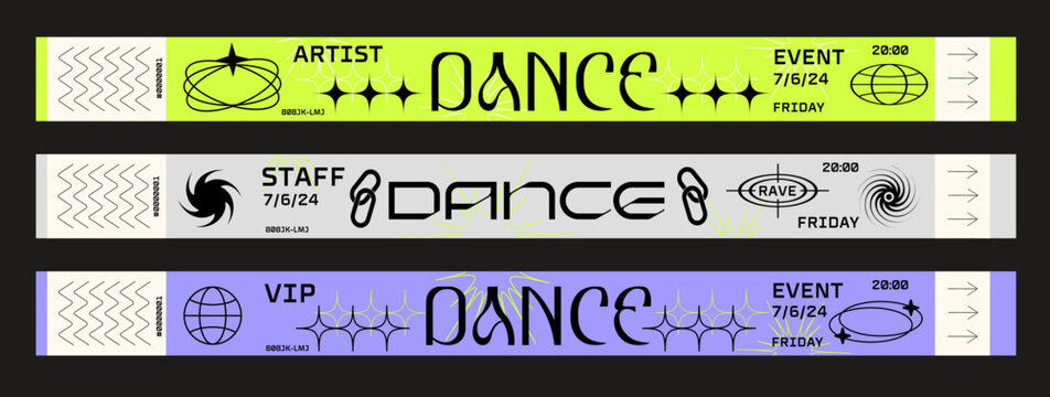 Set of vector control ticket bracelets design concept for parties, raves, techno, events, festivals, open-air, disco, staff, artist, VIP. Festival paper bracelet collection bold, futuristic neon style
