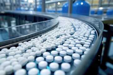 A conveyor belt filled with numerous white pills is seen in a pharmaceuticals factory, Pharmaceutical opioids in production, AI Generated