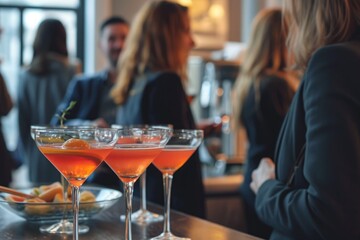 A diverse group of individuals standing around a bar, engaging in conversation while holding various drinks, Business professionals enjoying a networking event with cocktails, AI Generated