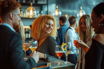 A diverse group of individuals standing around a bar, engaged in conversations and enjoying their time together, Business professionals enjoying a networking event with cocktails, AI Generated