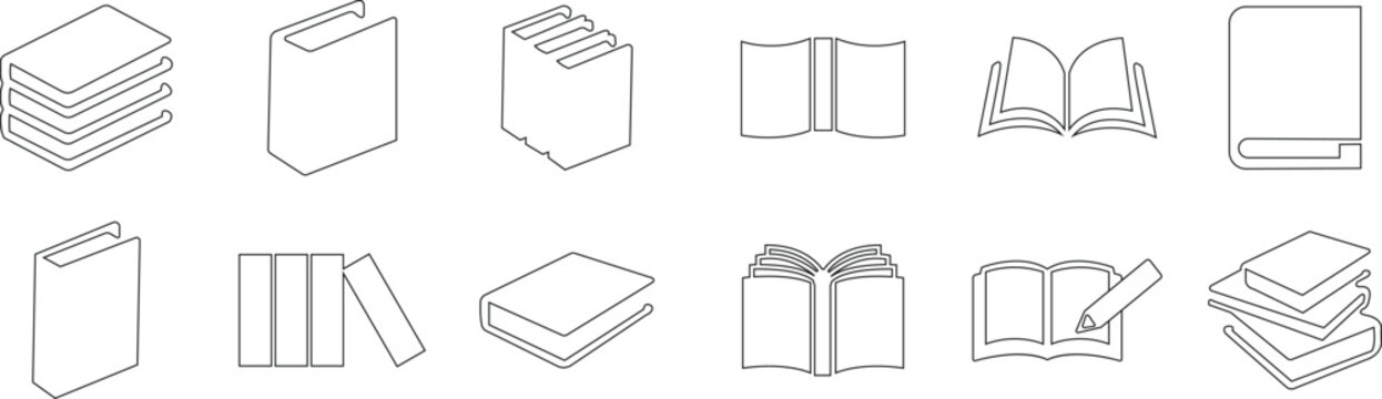 Book icon set. Literature book line black vector collection isolated on transparent background. Learning icons for web and app. E-learning, video tutorial, knowledge, study, school, university