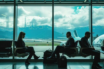 A group of individuals sitting side by side at an airport, waiting for their flights and engaged in various activities, Business travelers waiting for their flights in an airport lounge, AI Generated