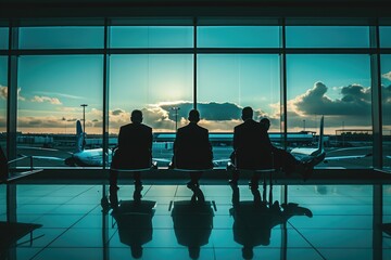 A diverse group of individuals seated in front of a window, engaged in conversation and enjoying the view outside, Business travelers waiting for their flights in an airport lounge, AI Generated