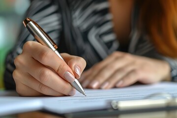 A woman is seen seated at a table, engaged in the act of writing on a piece of paper with a pen in hand, Business woman signing a contract with a metallic pen, AI Generated