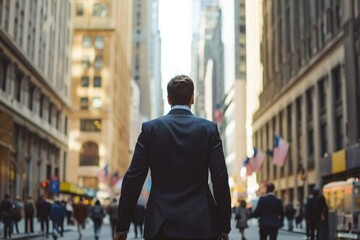 A man dressed in a suit is walking confidently down a busy city street amidst a bustling urban environment, Businessman in a suit walking through a bustling financial district, AI Generated