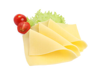 Slices of fresh cheese, tomatoes and lettuce isolated on white, top view