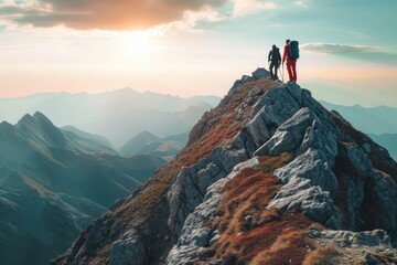 Two People Standing on the Summit of Mount Everest, Picture of two hikers, one standing firm, the other struggling, to conquer a mountain peak together, AI Generated