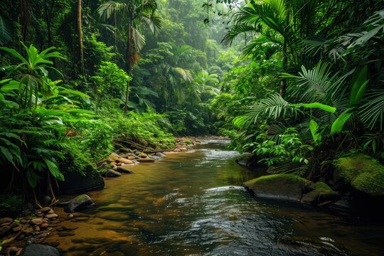 A meandering stream cuts through a dense forest, showcasing the vibrant green foliage and the movement of water, Picture of a river in the middle of a lush, tropical rainforest, AI Generated