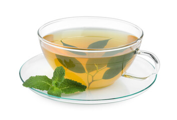 Fresh green tea in glass cup, mint and saucer isolated on white