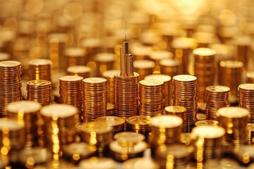 A heap of shiny gold coins arranged in a neat pile with a small tree positioned on the top, Piles of golden coins formed like a city skyline representing financial success, AI Generated