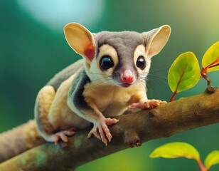 Close-up of a sugar glider (Petaurus breviceps) on a branch, Indonesia