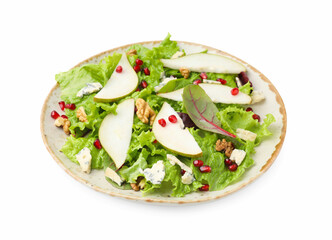 Delicious pear salad with walnuts, blue cheese and pomegranate isolated on white