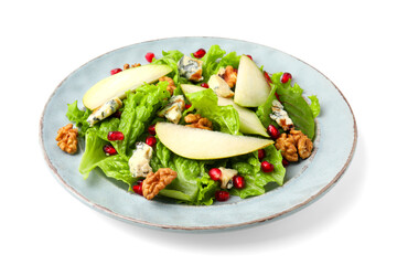 Delicious pear salad with lettuce, blue cheese, pomegranate and walnuts isolated on white