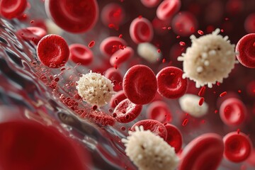 A photo capturing the movement of red and white blood cells inside a vein, Platelets and red blood cells in a rich, detailed representation, AI Generated