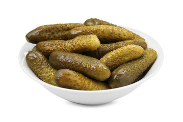 Tasty pickled cucumbers in bowl isolated on white