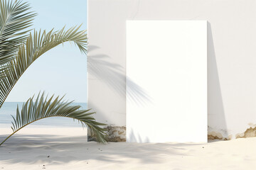 mockup of a blank cover white magazine with a beach summer vacation background