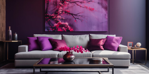 Modern Drawing Room, Comfortable Seating in Home Drawing Room, Closeup of a soothing purplish-toned Modern Drawing Room Interior