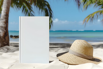 Fototapeta na wymiar mockup of a blank cover white book with a beach summer vacation background