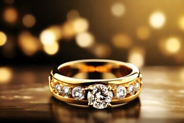 Close-up of shining a gold engagement ring with diamonds isolated on bokeh background. Luxury jewelry. Ring symbol for jewelry shop banner, apps, websites. Love and wedding concept. Selective focus.