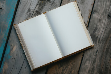 mockup of a open book with blank pages on a wooden decking background