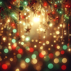 Obraz na płótnie Canvas Christmas decorations with out of focus sparkling golden, green, red lights with bokeh effect. Christmas and New Years eve theme, copy space, abstract background.