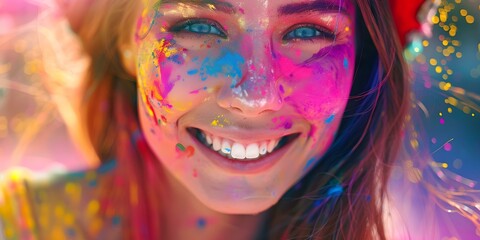 Smiling woman covered in vibrant paint celebrates at holi festival. Concept Holi Festival, Colorful Celebration, Woman Portrait, Outdoor Photoshoot, Vibrant Paint